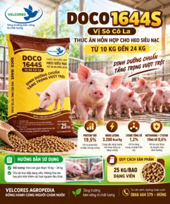 Tìm thức ăn cho heo 10kg - 24kg? Cám DOCO 1644S vị Sô-cô-la (Velcores) đạm cao 19.5%, ngừa tiêu chảy, tăng trọng bứt phá. Khám phá ngay!