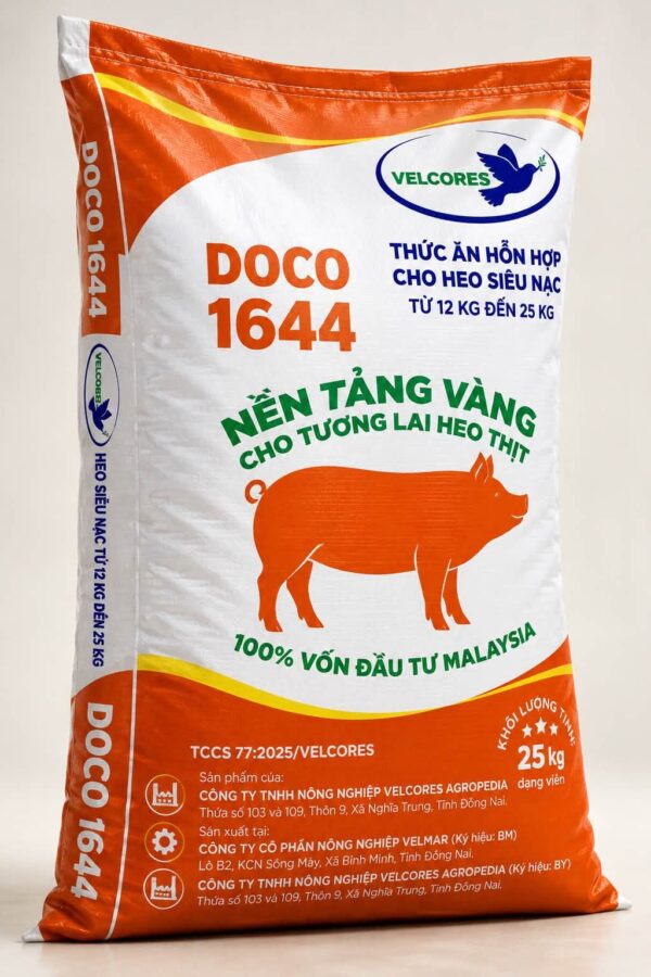 Thức ăn hỗn hợp cho heo siêu nạc DOCO 1644 - 100% vốn đầu tư Malaysia. Dinh dưỡng cân đối 12kg-25kg, tăng sức đề kháng, tối ưu FCR. Giá ưu đãi cho trang trại!