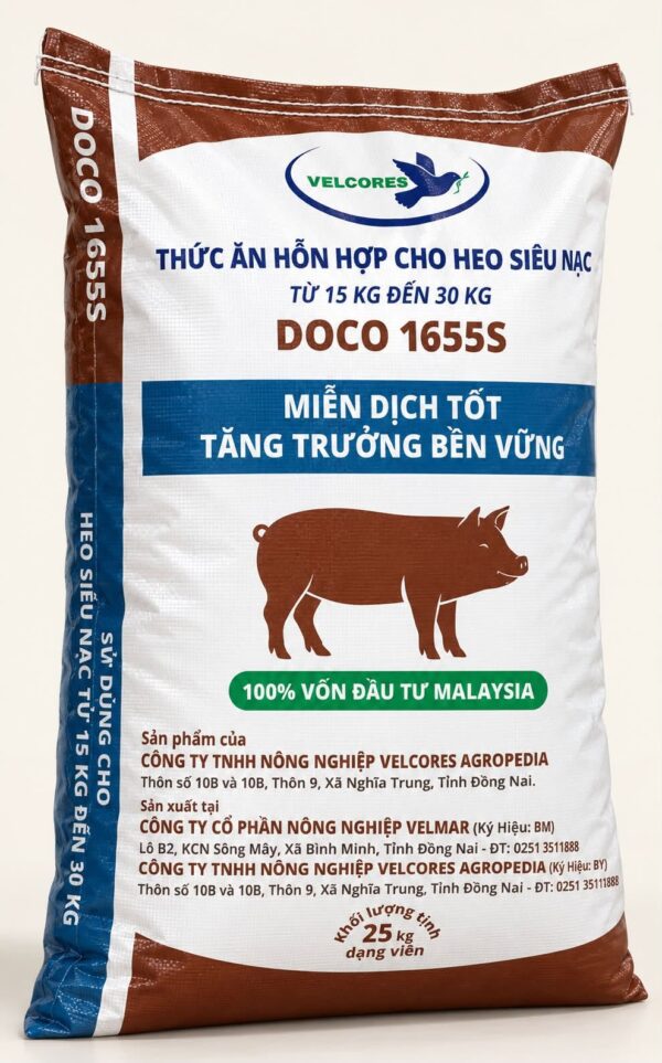 Cám heo siêu nạc DOCO 1655S (15kg-30kg) giúp heo tăng miễn dịch, ngừa tiêu chảy, nở mông bung đùi và lớn nhanh bền vững. Đặt mua cám Velcores chính hãng ngay!