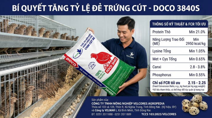 ám chim cút đẻ DOCO 3840S bao 25kg (dạng mảnh). Đạm thô min 20.5%, năng lượng 2800 Kcal/kg, Canxi 3-4.5%. Giúp đẻ sai, vỏ trứng dày cứng, tiết kiệm chi phí chăn nuôi. Sản xuất bởi VELCORES AGROPEDIA.